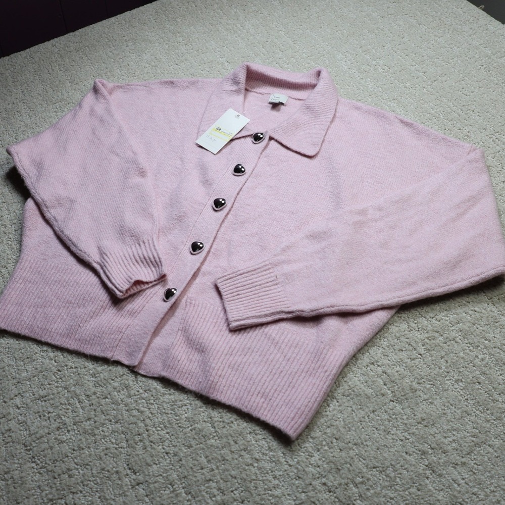 A New Day Pink Heart Button Cardigan Sweater XL Polo Collar Long Sleeve
